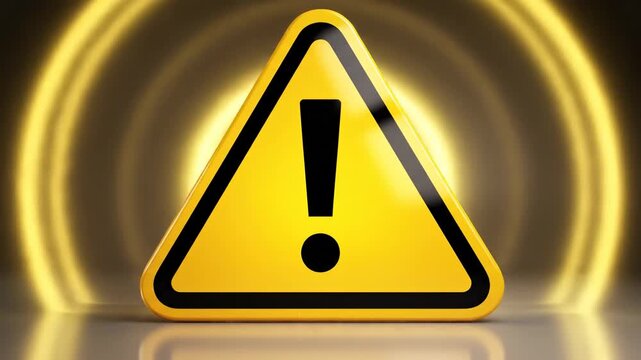 Warning caution sign glowing bright yellow with exclamation mark alert danger