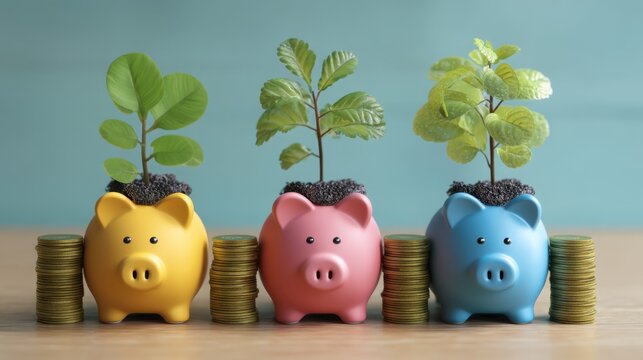 Creative Concept of Saving Money with Piggy Banks and Growing Plants Representing Financial Growth and Investment Ideas