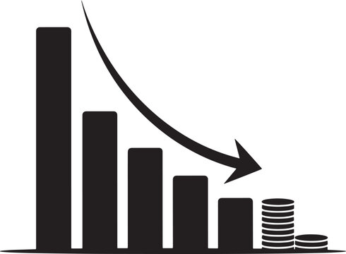 Decreasing bar chart with coins and downward arrow graph  financial loss