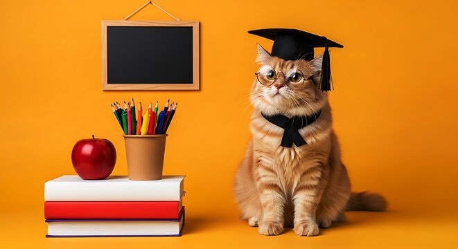 Orange cat wearing graduation cap and glasses sits next to books and pencils animal tabby
