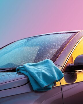 Car Cleaning Serenity: A soft, turquoise microfiber cloth rests gently on a car's glossy surface, surrounded by the cool morning mist. The image captures the serenity of a car care routine.