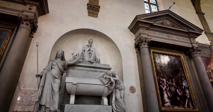 First-person walkthrough inside Santa Croce in Florence, Italy, approaching the memorial dedicated to Dante Alighieri. Historic architecture and artistic details highlight this iconic cultural site.