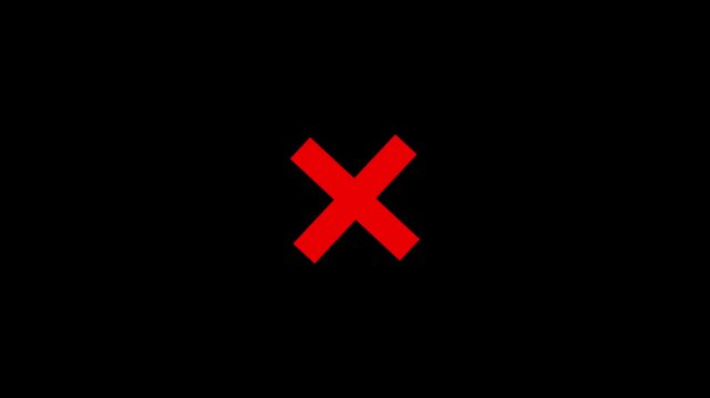 Red cross mark animation icon on a black background. A universally understood icon for stop, wrong, or incorrect choices.