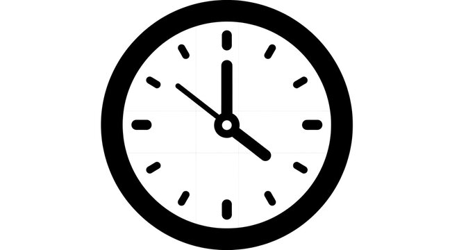 A simple black and white illustration of a clock on a plain background
