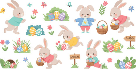 Obraz premium Cute Easter Bunny Character Set with Colorful Eggs, Basket, Garden Sign, Flowers, and Butterfly Elements for Spring Holiday Designs