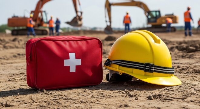 Crucial Construction Site Safety: Yellow Hard Hat and Red First Aid Ki