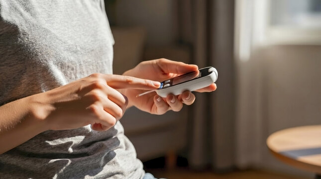 Person calmly using a diabetes monitor at home with glucometer while managing health.