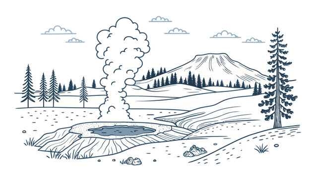 A minimalist vector illustration of a geyser erupting in a natural landscape silhouette