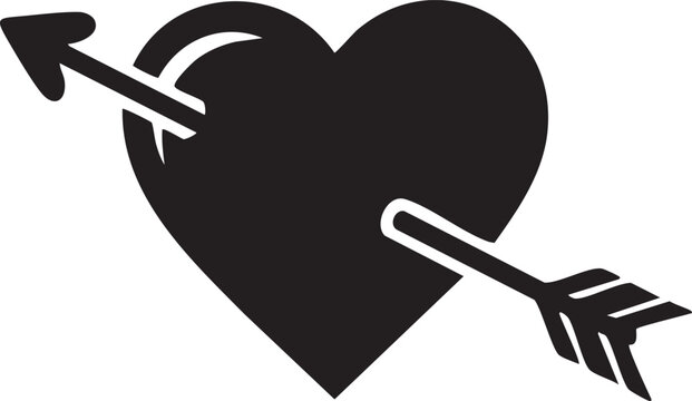 A black and white arrow piercing through a heart shape symbolizing love and affection