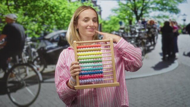 Woman holding a colorful wooden abacus and pointing finger to cheek while smiling in a busy street with bicycles and trees; playful learning.