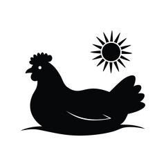 A rooster silhouette vector illustration sun design for farm and poultry themes, chicken sunbathing silhouette vector illustration © MdShahriar
