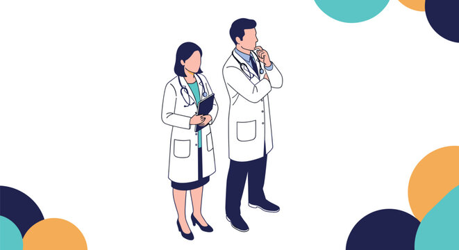 Male and female doctors standing together in white laboratory coats with stethoscopes while thinking about medical diagnoses.