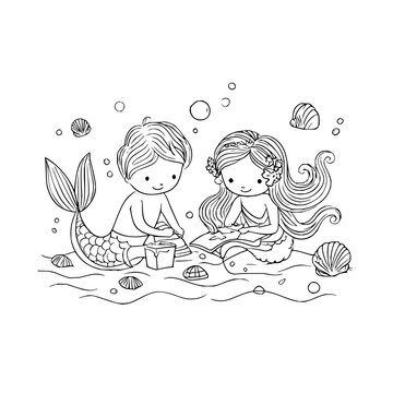 Mermaid and Merman Sitting on Ocean Floor with Seashells