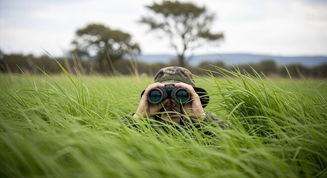 Person observing with binoculars hidden in tall grass field outdoors