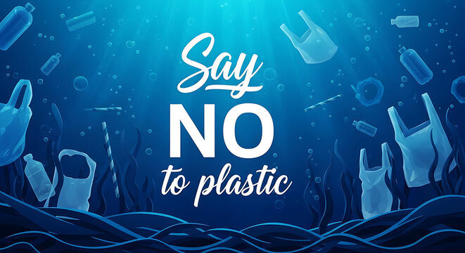 Say no to plastic pollution awareness campaign with hands and bottles in ocean water