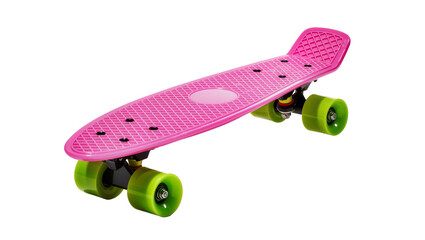 Vibrant pink plastic penny board with bright green wheels, a modern compact skateboard for urban leisure and recreation, isolated PNG on transparent background © Johnson