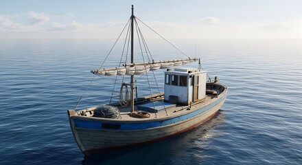 Obraz premium Old fishing boat sailing on calm ocean water under blue sky with clouds transparent background