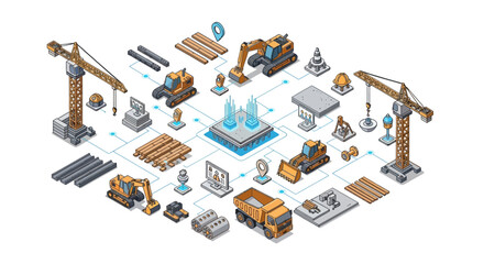 Isometric Construction Site Elements: Cranes, Excavators, Trucks, Materials, and Building Blocks © Ani