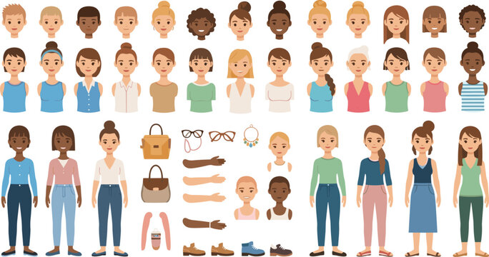 Diverse Female Character Creator Kit with Customizable Avatars Fashion Outfits Accessories and Professional Hairstyles for App UI and Game Design Transparent Background PNG