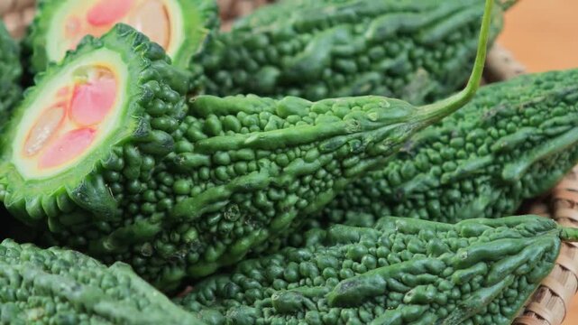 Bitter gourd or bitter melon on wicker basket