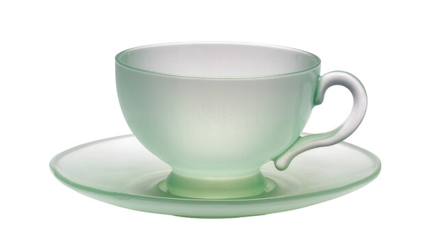 Elegant translucent mint green teacup and saucer set, perfectly isolated on transparent background, ready for beverage and kitchen designs PNG