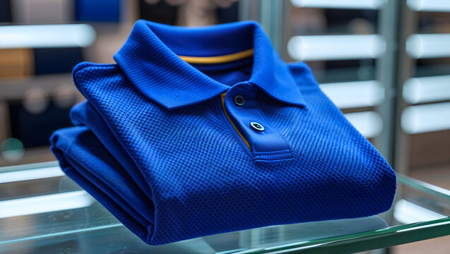 Royal blue pique cotton polo shirt folded on glass shelf with sharp focus on ribbed collar and honeycomb fabric structure generative AI