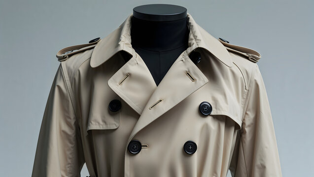 Beige trench coat on ghost mannequin featuring sharp focus on storm flap and buttoned epaulettes with crisp gabardine weave detail generative AI