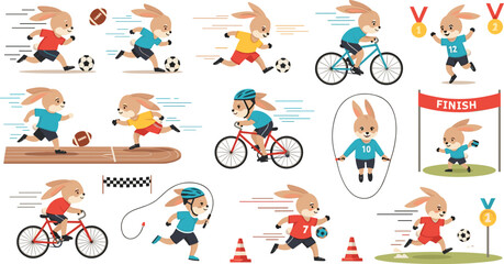 Fototapeta premium Cute Bunny Athlete Character Set Featuring Rabbit Sports Activities Like Running Cycling Soccer Jumping and Winning Medals for Kids Educational Designs Transparent Background PNG