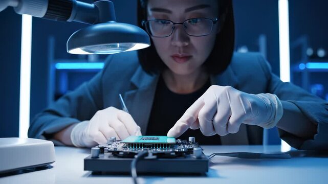 Engineer inspects glowing chip on circuit board using magnifying lamp. Woman examines circuit board with chip in laboratory. Engineer tests chip under lamp. Circuit board inspection in laboratory.