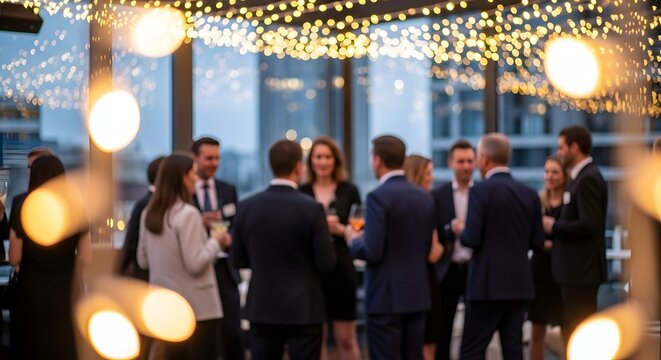 Guests mingle at rooftop party with string lights and city view during social event.