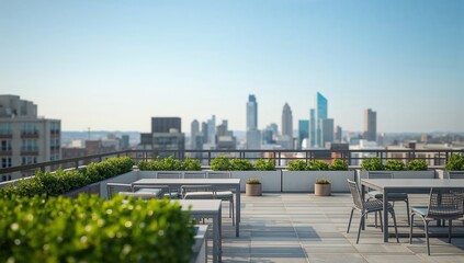 Obraz premium Rooftop Terrace with City Skyline in Bright Daylight Scene