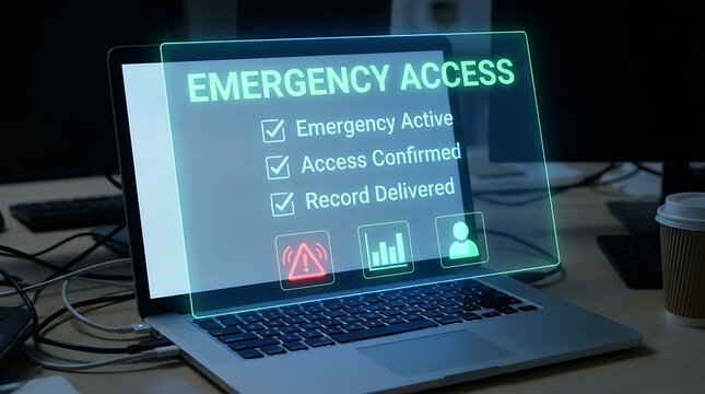Laptop screen displays emergency access notification with green glowing text and icons on dark background