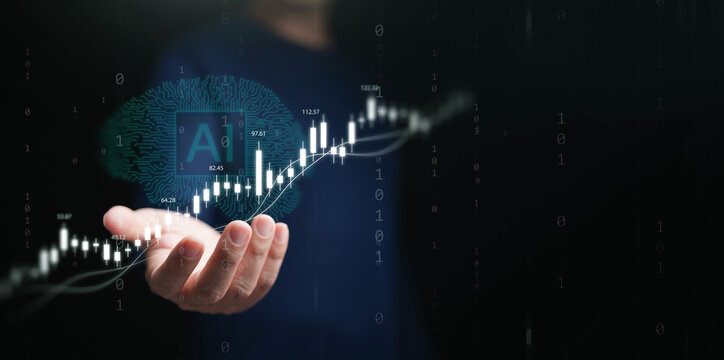 Artificial intelligence analyzing financial data for smart investment concept. Human hand holding glowing candlestick chart and AI brain circuit icon for predictive stock market trading and profit.