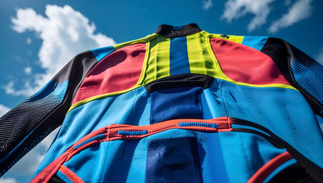 Aero cycling jersey featuring vibrant sublimated colors and silicone grippers under bright outdoor sunlight showcasing technical mesh panels and aerodynamic design generative AI