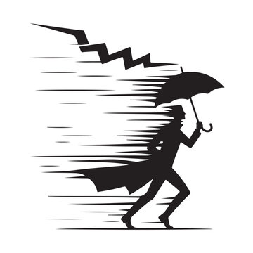 Storm Chaser with Windblown Coat and umbrella bending, lightning flash vector silhouette logo design illustration. abstract storm chaser icon set collection