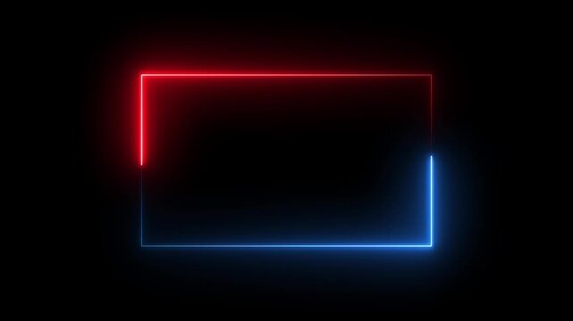 Square Rectangle picture frame icon animation neon glowing red and blue color party show seamless footage border frame display neon box line smooth effect on black background
