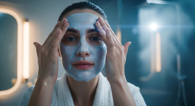 A young woman in a white bathrobe applies a light blue facial mask to her face in a modern bathroom, looking directly at the camera with focused expression.