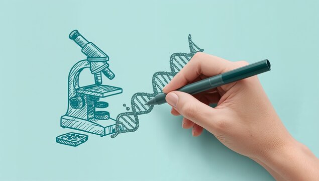 Hand Drawing DNA Structure Next to Microscope on Light Blue Surface
