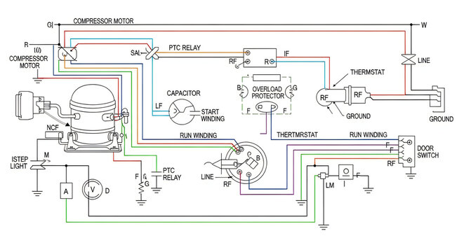 A wiring diagram for a compressor motor circuit with overload protection and thermostat control