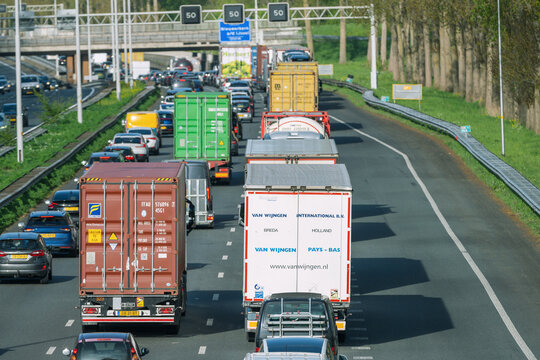 Rotterdam, The Netherlands, 04.16.2026. Traffic Jam on Dutch Highway Near Nieuwerkerk aan den IJssel