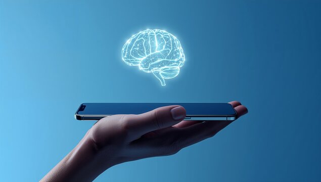 Hand Holding Smartphone with Brain Illustration on Blue Background