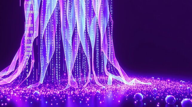 Digital rain, binary code streams, glowing particles, futuristic scene. Purple hues dominate abstract background.