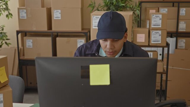 Man checking parcels and scanning labels at a computer desk surrounded by boxes in a storage building; steady concentration.