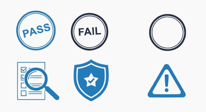 Quality control icons set with pass and fail rubber stamps, inspection checklist with magnifying glass, security shield and warning alert symbols