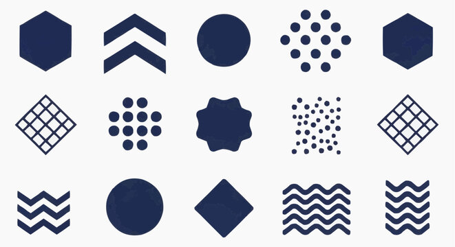 Minimalist geometric shapes set, 15 navy blue abstract vector icons, modern graphic design elements for branding and web UI layouts