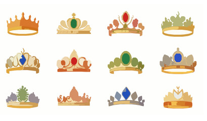 Royal crown and princess tiara vector set with golden jewelry and gemstone decorations for luxury accessory design illustration © Md
