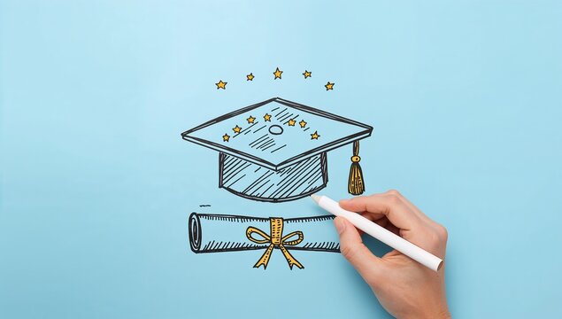 Creative Drawing of Graduation Cap and Diploma on Blue Background