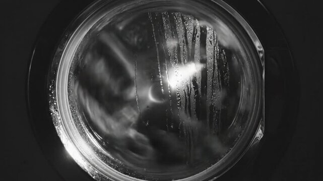 Washing machine cycle with swirling laundry seen through the glass door, in black and white close up