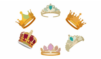 Royal crown vector set in circular layout with golden tiaras and gemstone jewelry for luxury princess and queen accessories design © Md