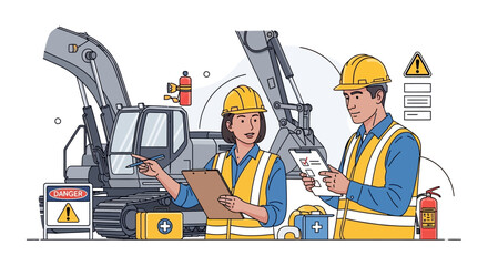 Construction workers inspecting excavator, safety equipment, planning project © Arif